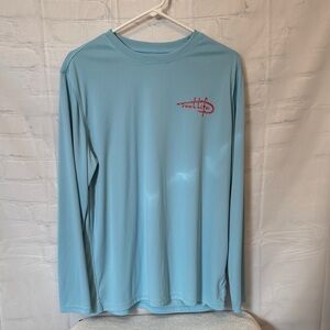 Reel Life Men's Long Sleeve UV Performance Sky blue an American flag graphic (M)